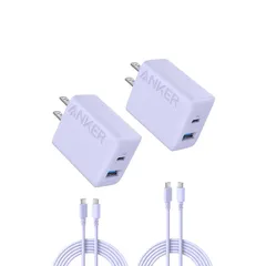 Anker Charger (20W, 2-Port) with USB-C & USB-C ケーブル パープル 2個セット 1