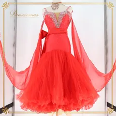 社交ダンス 衣装 スタンダードドレス ワンピース ドレス スタンダード フロート レース チュール デモ 競技 ダンス パーティ 発表会 赤 アームカバー ビジュー レッド系 チュールスカート フロートドレス 優雅 舞台衣装 ダンスウェア レディース キラキラ