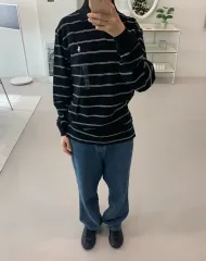 ポロラルフローレン ストライプ 長袖 カラーTシャツ ブラック S M