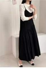 ブラック ロング プリーツ ビスチェ ONE PIECE ロング丈ワンピース