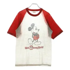 Hanes (ヘインズ) 80s Disney ミッキーマウス ラグラン クルーネック半袖Tシャツカットソー ホワイト/レッド