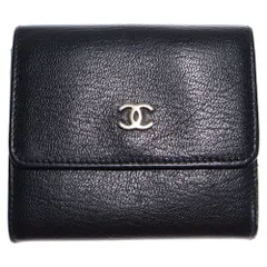 CHANEL (シャネル) ココマーク 三つ折り財布 コンパクトウォレット コインケース ブラック レザー ゴールド金具