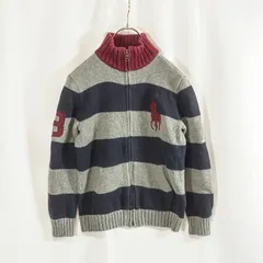 POLO RALPH LAUREN ビッグポニー ニット ジャケット キッズ 140 ボーダー ジップアップ 刺繍 ロゴ ネイビー グレー ラルフローレン 子供服 男の子 美品