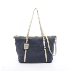プラダ PRADA トートバッグ ロゴジャガード BR4253 ネイビー キャンバス レザー ロゴジャガード トートバッグ レディース Used B