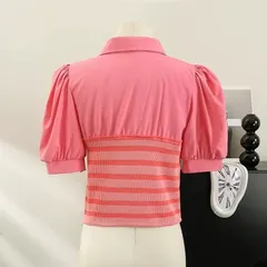 パフスリーブ ドッキングシャツ 大人可愛い ボーダー切り替え