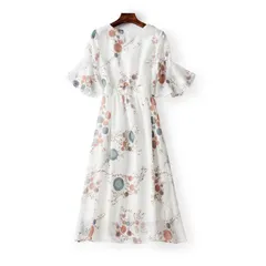 ワンピース 花柄 半袖 Vネック シフォン ラージ ミドル丈 l0643