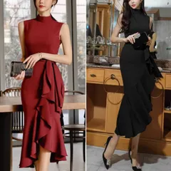 ドレス フリル アシンメトリー ミモレ 大人 エレガント SALE韓国