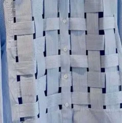 長袖シャツ デザインブラウス 編み込み お洒落 ストライプ  青