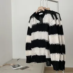 ニットセーター 長袖 ボーダー ダメージ加工 カジュアル l0401