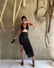 ノースリーブ無地ロングスリットワンピース2Way