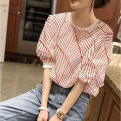 ブラウス シャツ ストライプ調 パフスリーブ ラウンドネック