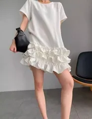 半袖 ワンピース ブラック フリル ミニ 丈 エレガント 可愛い 黒