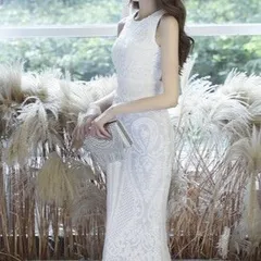 ホワイト エレガント レース ロング マーメイド ドレス