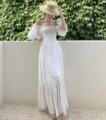 ワンピース オフショルダー 半袖 パフ袖 清楚 上品 白 SALE 韓国