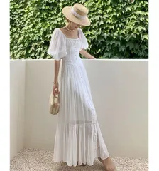 ワンピース 半袖 オフショルダー SALE 白 清楚 上品 パフ袖 韓国