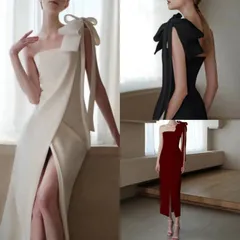 ドレス タイト ミモレ丈 スリット 肩リボン きれいめ 韓国 SALE