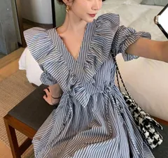 ミニワンピース ストライプ フリル 半袖 Aライン 上品 SALE 韓国