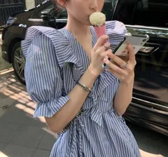 ミニワンピース ストライプ 半袖 Aライン フリル 上品 韓国 SALE