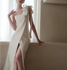 ドレス タイト きれいめ スリット ミモレ丈 肩リボン 韓国 SALE