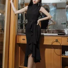 ドレス 大人 エレガント フリル アシンメトリー ミモレ SALE韓国