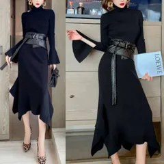 ハイネック ワンピースドレス 長袖 マーメイド ランダムスカート