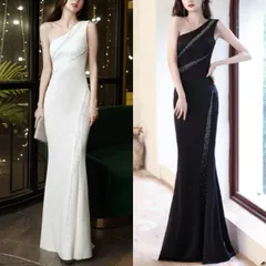 ワンショルダー ロングドレス ビジューライン マーメイド 全4色