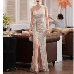 ドレス ロング丈 無地 上品 エレガント パーティー 結婚式 韓国