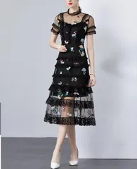 ワンピース 花柄刺繍 レース Aライン エレガント ミモレ丈