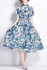 ワンピース 花柄 プリント Aライン エレガント ミモレ丈