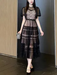 ワンピース 花柄 レース Aライン エレガント ミモレ丈