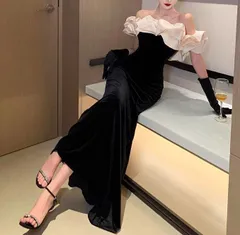 胸元フリル ロングドレス マーメイド ロング オフショル 上品