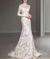 総レース ウェディングドレス マーメイド  長袖 エレガント