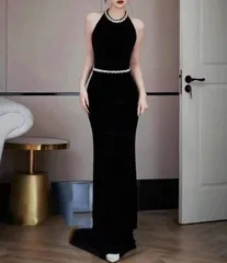 ビジューライン パーティードレス 背中開き リボン  エレガント