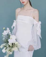 ノースリーブ ウェディングドレス 袖リボン ロング エレガント