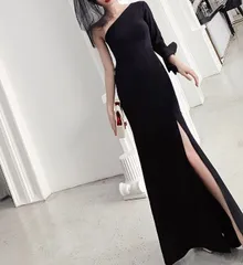 ロングイブニングドレス スリット ワンショルダー 長袖 ２color