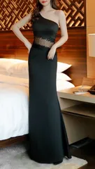 ワンショルダー ビジュー ロング マーメイドドレス シースルー