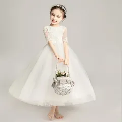 ロングドレス 女児 ピアノ発表会ドレス ホワイト レース プリンセスドレス 女の子 5分袖 子供ドレス 白 ロング 発表会ドレス フォーマル【0807⑤】