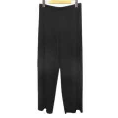 ユニクロ UNIQLO ロング丈 プリーツ ストレートパンツ L 黒系 ブラック 無地 ウエストゴム ストレッチ