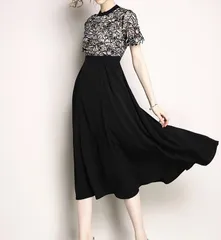 パーティードレス ミディ丈 Aライン シンプル 切替 半袖 S~2XL