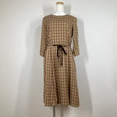 【キース】ワンピース KEITH　茶　ベージュ　38　M　ひざ丈　チェック　リボン　丸首　クルーネック 七分袖　 Y2K フェアリーグランジ 