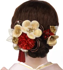 髪飾り 成人式 2点セット 袴 卒業式 花 浴衣 振袖 七五三 着物 和装 結婚式 着物 髪 飾り 髪留め 水引細工 高級造花 ヘアアクセサリー 3カラー (赤 × 白金)