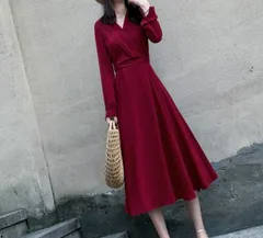 ワンピース 黒 赤 長袖 レトロ Aライン Vネック ドレス 秋冬