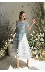 レディース チュールフリル オフショルダードレス ワンピース