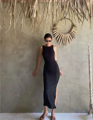 ワンピース ロングスリット 無地 ノースリーブ 2Way