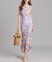 ワンピース 花柄 刺繍 透け感 Aライン エレガント ミモレ丈