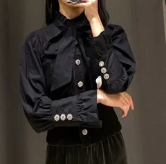 ビジュー ボタン ハイネック フリル デニム シャツ S~L