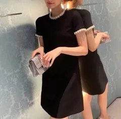 パール ビジュー 半袖 上品 Aライン ワンピース 全2色 S~XL