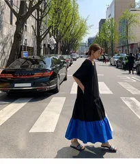 大人バイカラーワンピースシンプル夏マキシ