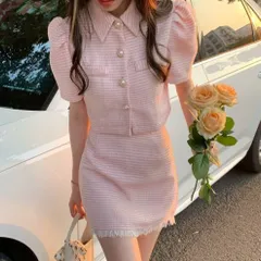 パールボタン パフスリーブ シャツ ミニスカート セットアップ