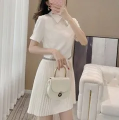 襟付き ワンピース ミドル 上品 半袖 サイドプリーツ ビジュー